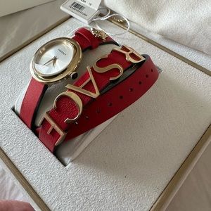 Versace V Strap Wrap Watch - Crimson Red / Gold